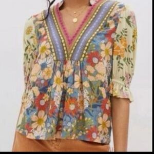 Anthropologie Colorful Floral V-Neck Blouse